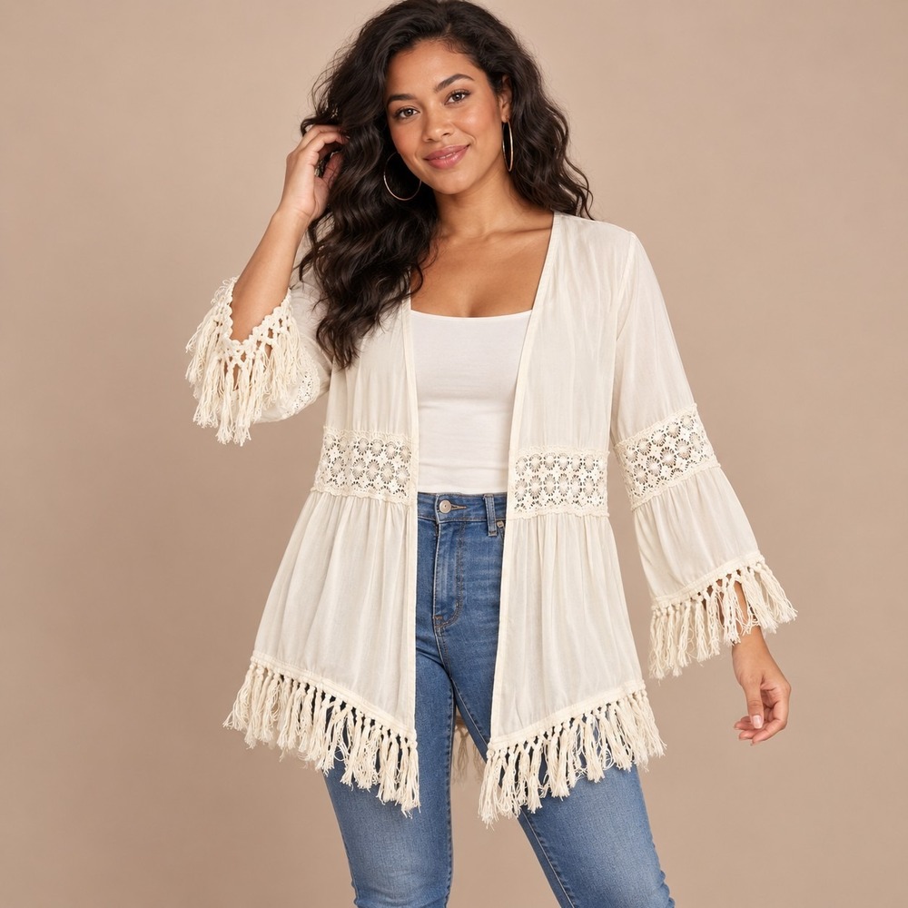 Entro Cream Fringed Kimono Cardigan Women's Medium Coastal Boho Festival Hippie